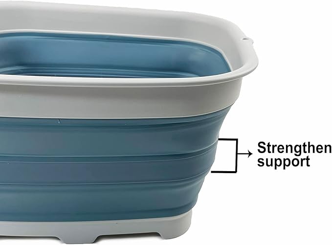 SAMMART 15L (3.9 Gallon) Collapsible Dishpan with Draining Plug - Foldable Washing Basin - Portable Dish Washing Tub - Camping & Space Saving Kitchen Storage Tray (Grey/Steel Blue)