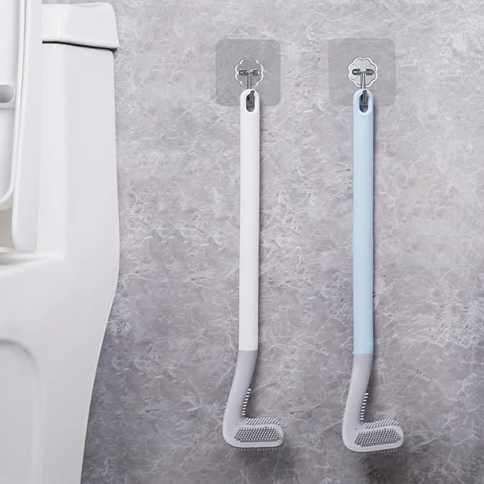 Long Handled Golf Toilet Brush，Flexible Silicone Toilet Bowl Cleaning Brush，Flexible Bendable Silicone Golf Toilet Bowl Cleaning Brush,(Blue White Toilet Brush ith Hook)
