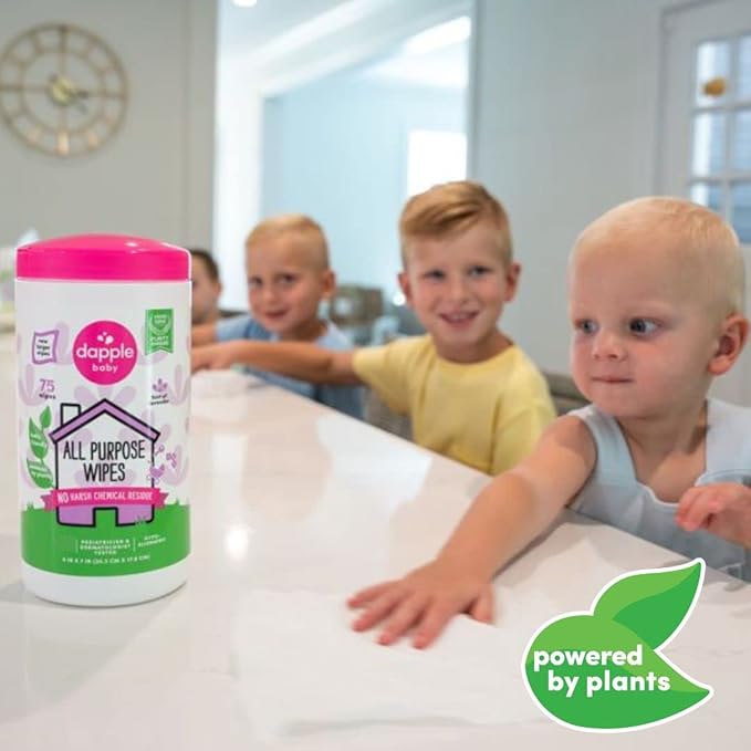 Dapple Baby All Purpose Wipes, Plant Powered, Hint of Lavender, Hypoallergenic, 75 Count Canister (Pack of 2) + 30 Count (Pack of 2)