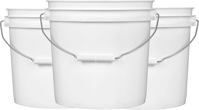 House Naturals 2 Gallon White Bucket with Screw on Lid - Pack of 3 Made in USA contrainers (White Buckets with Yellow Lids)