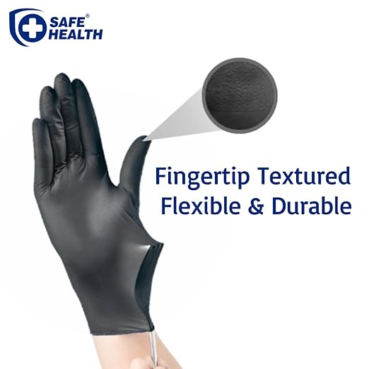 SAFE HEALTH Nitrile Black Indsutrial Disposable Gloves | Free of Latex-Powder | Tattoo-Beauty-Salon-Nail-Auto-Home | 3.5 Mil