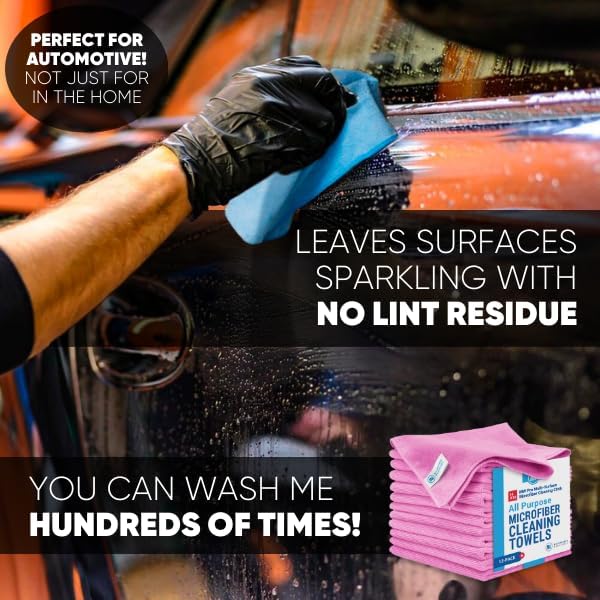 MW Pro Microfiber Cleaning Cloth | Pink | 12 Pack | 16” x 16” | All Purpose Microfiber Towels - Clean, Dust, Polish, Scrub, Absorbent