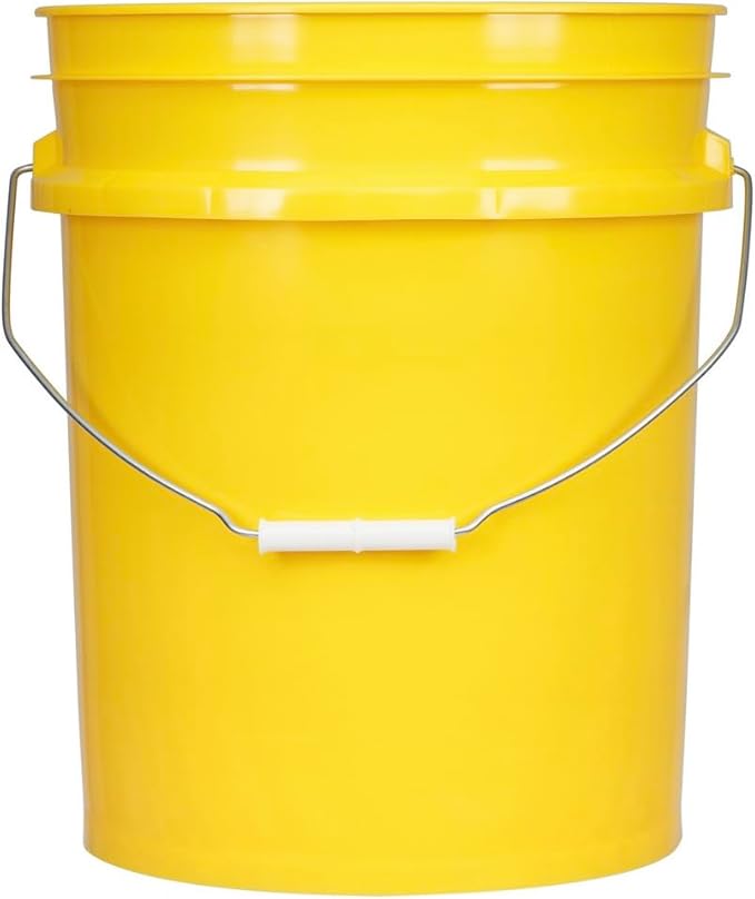 House Naturals 5 Gallon Plastic Yellow Food Grade Made in USA Bucket Pail with Double Gasket Screw on Lid (Pack of 3) (Yellow and White lids)