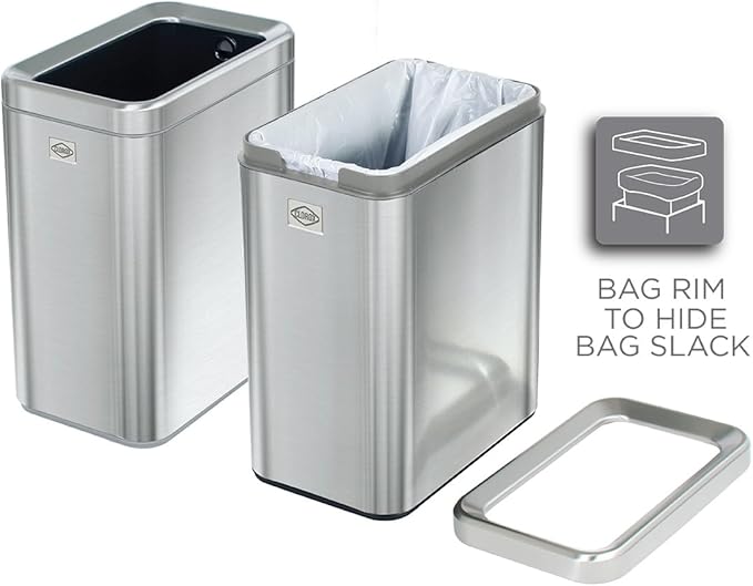 CLOROX Slim Open Trash Can - 2.6 Gallon (10 Liter) Small Metal Waste Basket with Removable Bucket for Narrow Spaces - Stainless Steel Garbage Bin for Bathroom, Bedroom, or Office