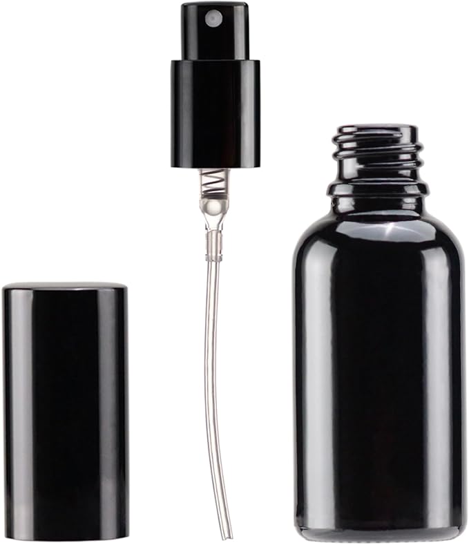 YIZHAO Black Glass Spray Bottles 1oz, with Small Fine Mist Spray, Metal Cap, Refillable for Essential Oil,Travel,Cleaning,Perfume,Aromatherapy,Makeup – 24 Pcs