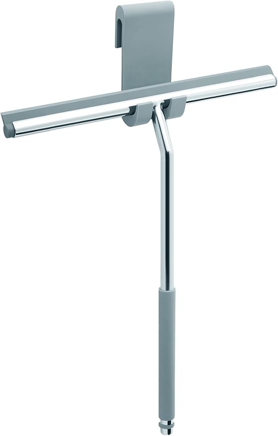 Long Handle Shower Squeegee for Glass Doors - Stainless Steel with Silicone Hook Holder - Scrubber for Shower Tile Wall Cleaning, Bathroom Cleaner - Large Shower Door Sweep Wiper with Rubber Hanger