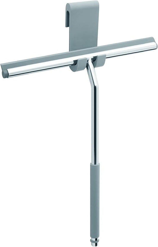 Long Handle Shower Squeegee for Glass Doors - Stainless Steel with Silicone Hook Holder - Scrubber for Shower Tile Wall Cleaning, Bathroom Cleaner - Large Shower Door Sweep Wiper with Rubber Hanger