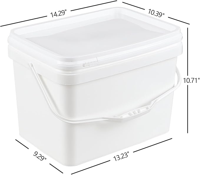 Kekow 5 Gallon White Square Food Plastic Bucket with Lid, 4 Pcs Utility Plastic Rectangular Bucket Pail with Lid and Handle