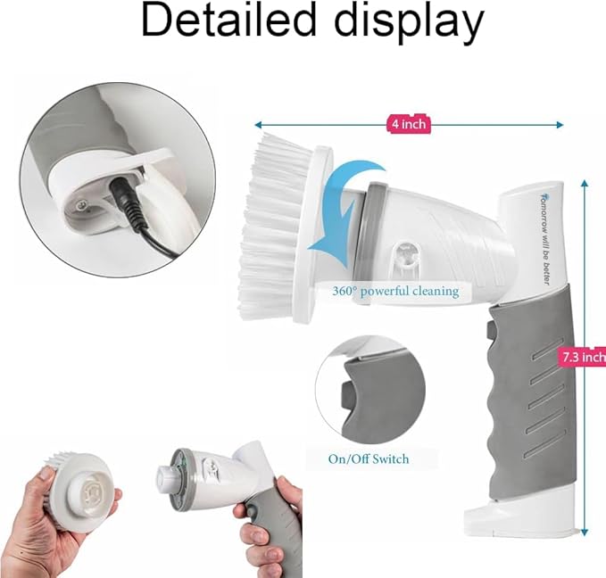 Electric Spin Scrubber Power Spin Brush for Cleaning,Rechargeable Cleaning Brush for Bathroom/Tub/Tile/Floor/Sink/Window Cordless Shower Scrubber with 4 Replaceable Cleaning Brush Heads, Classic Grey