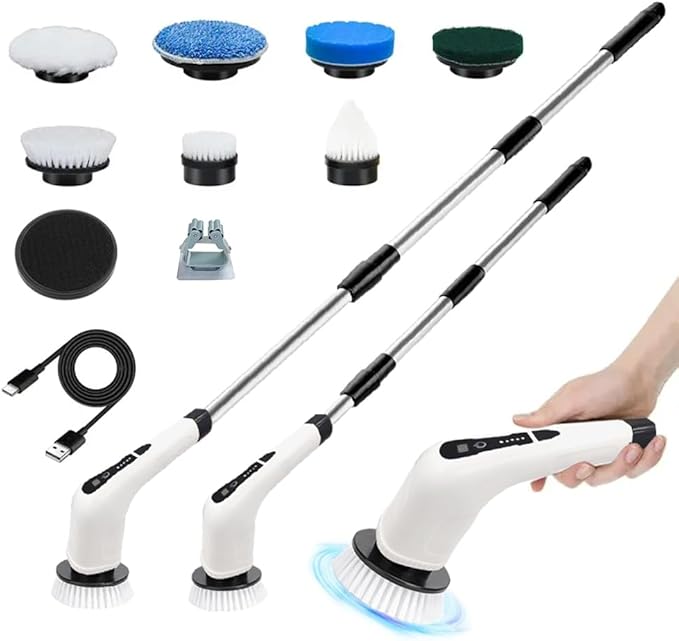 Electric Cleaning Brush Spin Scrubber, Cordless Cleaning Brush with 7 Replaceable Brush Heads. 2 Speeds Power Scrubber Brush for Floor,Kitchen, Bathroom, Tub, Floor, Tile,Adjustable Long Handle