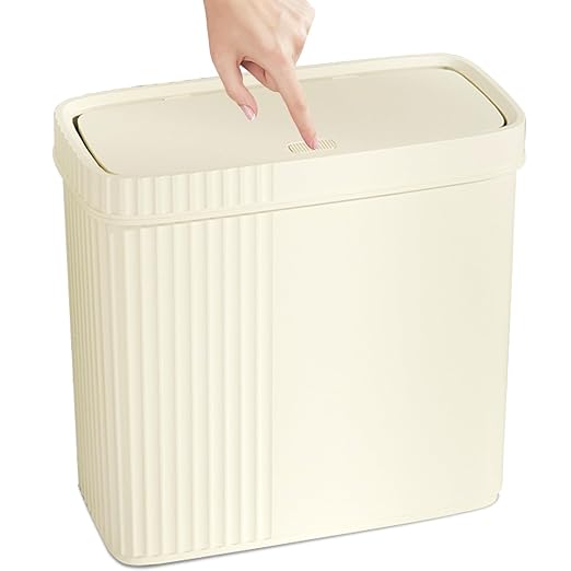 UUJOLY Small Bathroom Trash Can with Lid Slim Wastebasket Garbage Can Plastic Container Basket Trash Bin for Kitchen, Laundry Room, Office, Kids Room, Dorm, Beige, 3.2 Gallon