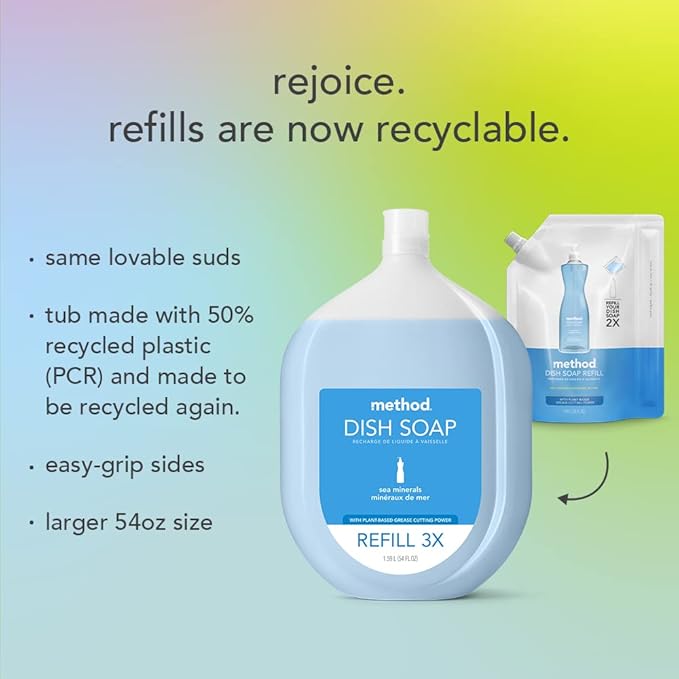 Method Gel Dish Soap Refill, Lime + Sea Salt Scent, Powerful Cleaning Formula, Large Refill Tub, Biodegradable Formula, Cuts Through Grease, 54 Fl Oz
