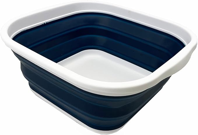SAMMART 5.5L (1.4 Gallons) Collapsible Tub - Foldable Dish Tub - Portable Washing Basin - Space Saving Plastic Washtub (White/Indigo)