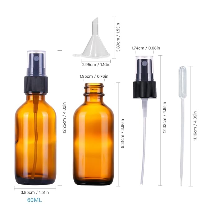 2oz Glass Spray Bottles,Empty Small Perfume Travel Refillable Reusable Fine Mister Spray Bottle for Hair,Cleaning Solutions,Aromatherapy and Essential Oil with Extra Nozzle (3 pack, Amber)