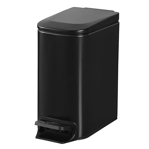 Slim Bathroom Trash Can with Lid Stainless Steel Garbage Can with Removable Inner Bucket Small Wastebasket with Step Pedal for Toilet Office Bedroom (Matte Black, 1.8 Gallons)