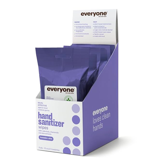 Everyone Hand Sanitizer Wipes, 15 Wipes (Pack of 6), Lavender and Aloe, Made with Sugarcane Derived Alcohol with Essential Oils, TSA friendly