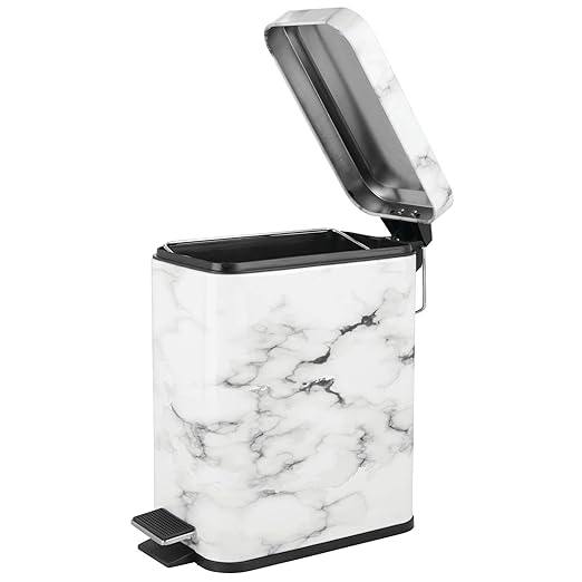 mDesign Small Modern 1.3 Gallon Rectangle Metal Lidded Step Trash Can, Compact Garbage Bin with Removable Liner Bucket and Handle for Bathroom, Kitchen, Craft Room, Office, Garage - White Marble