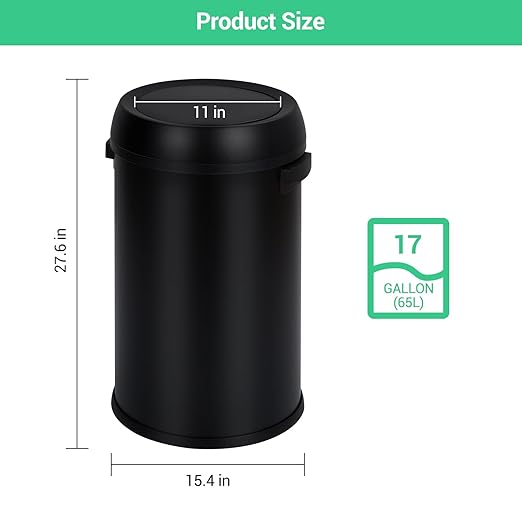 Garvee 17 Gallon/65 Liter Trash Can, Fingerprint-Proof Stainless Steel Swing Top Garbage Can, Heavy Duty Commercial Round Trash Bin with Swing Lid for Restaurant, Home, Office, Black