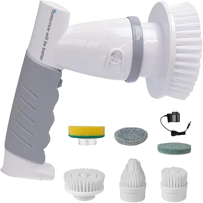 Electric Spin Scrubber Power Spin Brush for Cleaning,Rechargeable Cleaning Brush for Bathroom/Tub/Tile/Floor/Sink/Window Cordless Shower Scrubber with 4 Replaceable Cleaning Brush Heads, Classic Grey