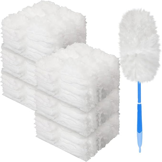 Vesici 300 Pcs Duster Refills Compatible with Swiffer Dusters Bulk Disposable Replacement Thickened with 1 Handle Heavy Duty for Cleaning, Office (White)