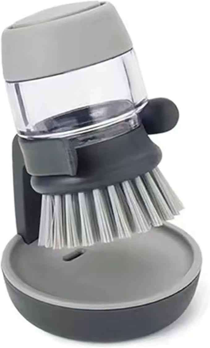Dish Brush with Soap Dispenser, Dishwashing Kitchen Scrub Brushes Dish Scrubber with Holder Drip Tray, for Cleaning Pan, Pot, Sink(Grey)