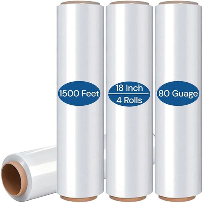 Industrial Stretch Wrap Roll– 18" x 1500 Ft, 80 Gauge Clear Stretch Film Pallet Shrink Wrap for Moving, Packing, Shipping, Storage & Furniture Protection（4 Rolls)