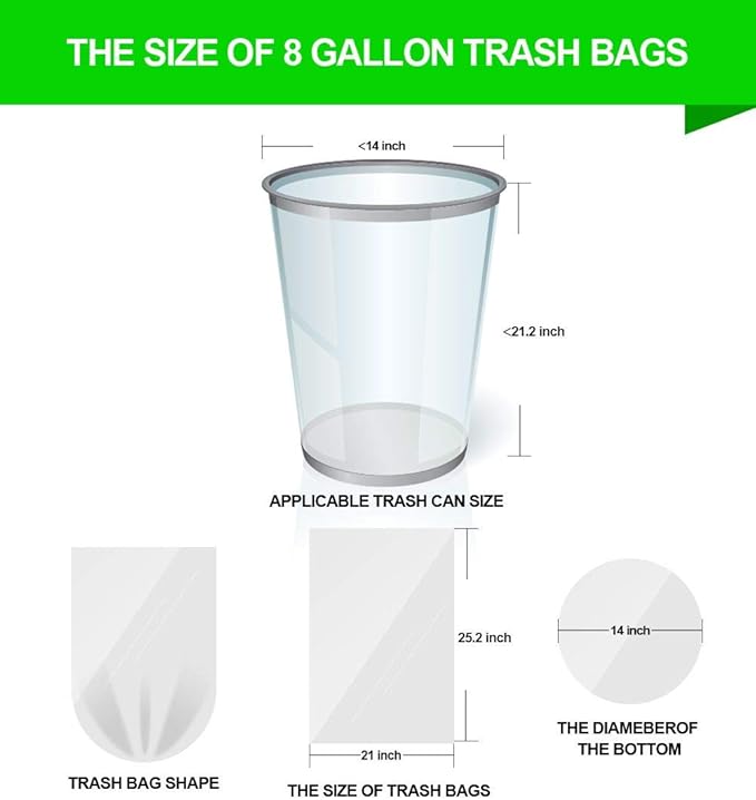 FORID Clear Medium Garbage Bags – 8 Gallon Plastic Trash Bags 30 Liter Wastebasket Bin Liners 220 Count for Bathroom Bedroom Office Trash Can