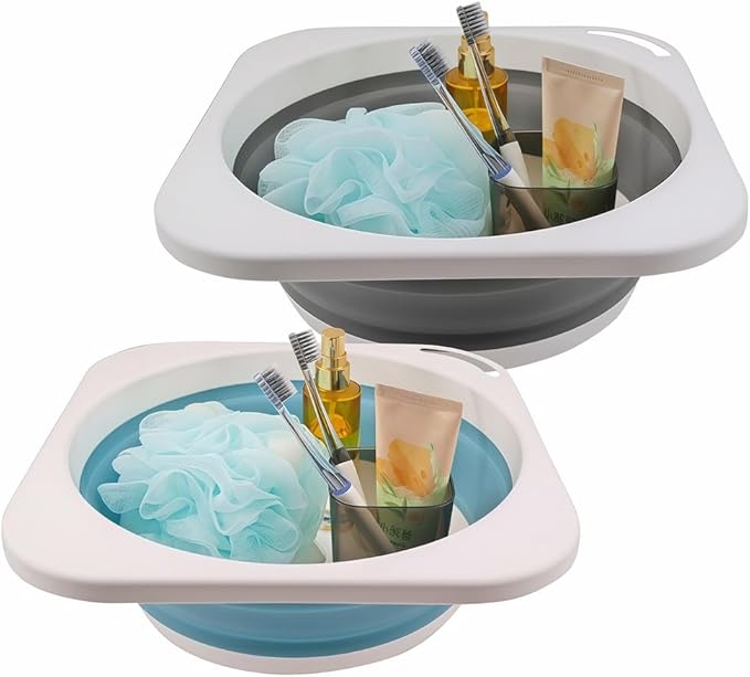 2 Pack Portable Folding Wash Basin, 1.4 Gallon Lightweight Collapsible Sink, Camping Dish Tub, RV, Travel, Space-Saving and Easy to Store (Grey+Blue, 2 Pack)