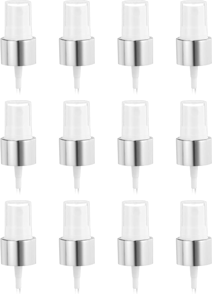 uxcell 12 Pcs Silver White Spray Top, 20/410 Fine Mist Sprayer Reusable Replacement Spray Bottle Pump Plastic Top for Cosmetic Perfume and Body Sprays Bottle