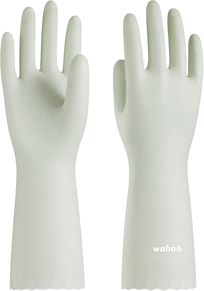 wahoo Skin-Friendly Cleaning Gloves, Reusable Dishwashing Gloves with Flocked Cotton Liner, Dishwashing, Kitchen, Canary Green, Small