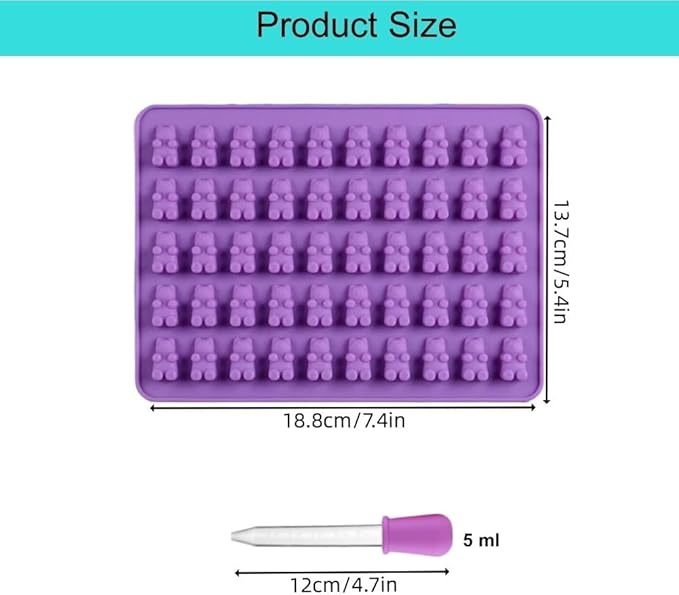 2 Piece Gummy Bear Silicone Molds, Non-Stick Chocolate Candy Mold with 2 Droppers Food Grade (Purple+Blue+Pink+Green)