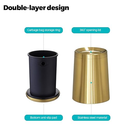 2.6Gal/10 L Gold Brushed Stainless Steel Trash Can with Swing Cover, Bathroom Trash Can with Lid, Garbage Can for Bathroom, Bedroom, Office, Hotel, Rest Room, RV (Gold)