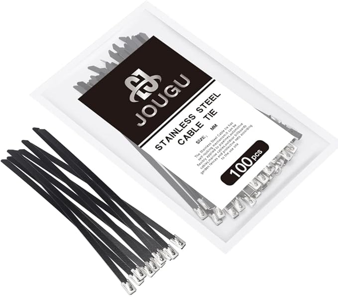 Metal Zip Ties Black 100pcs Stainless Steel Epoxy Coated Locking Cable Heavy Duty Exhaust Wrap Multi Purpose Binding for machinery, vehicles, farms, cables, pipes,Fence