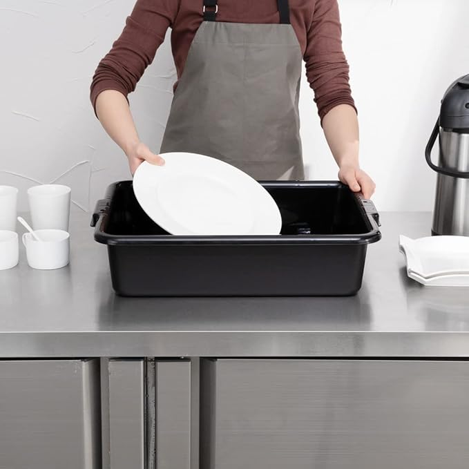 Restaurantware TUB ONLY: RW Clean 21.25 Inch x 15.7 Inch Bus Tubs 12 Regular Bus Boxes - Lids Sold Separately With Handles Black Plastic Restaurant Tubs Heavy-Duty For Kitchen Organization