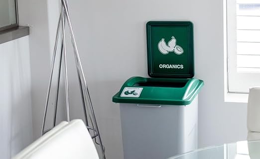 Waste Wise 69 Gallon Recycled HDPE Waste and Recycling Center for Commercial Spaces for Organics, Recycling, Waste with Lids with Signs