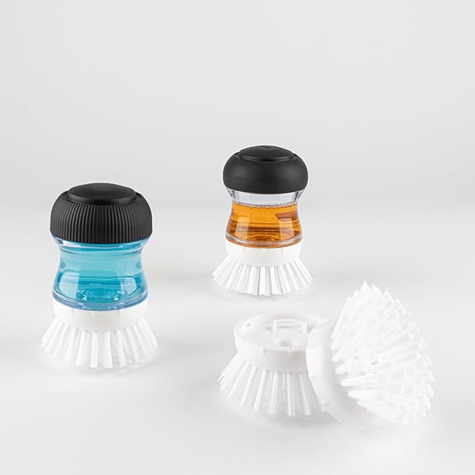 Soap Dispensing Palm Brush, Dish Brush Set with Silicone Drip Tray and One Refill, Kitchen Dish Scrub Brush for Cleaning Pots, Pans, Sinks