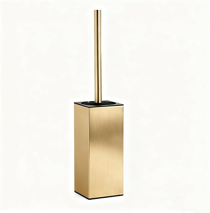Toilet Brush and Holder Set, NEWRAIN Stainless Steel Toilet Brush with Long Brush Handle, Brushed Gold Toilet Scrubber and Covered Holder, Square Design Sturdy and Space Saving, Covered Brush