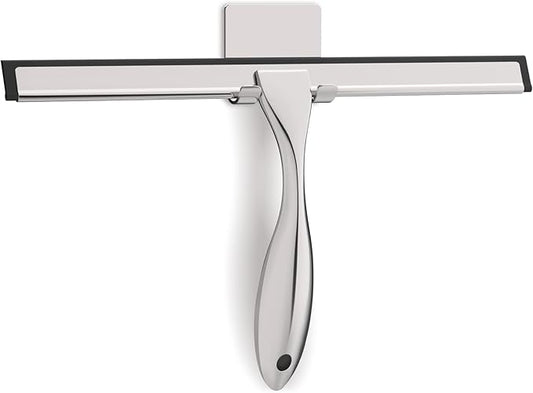 All-Purpose Stainless Steel Shower Squeegee for Glass Doors with Adhesive Hooks, Squeegee for Shower Glass, Bathroom Household Cleaner Tool for Window Mirror Tile Wall Car, 12 inch, Silver