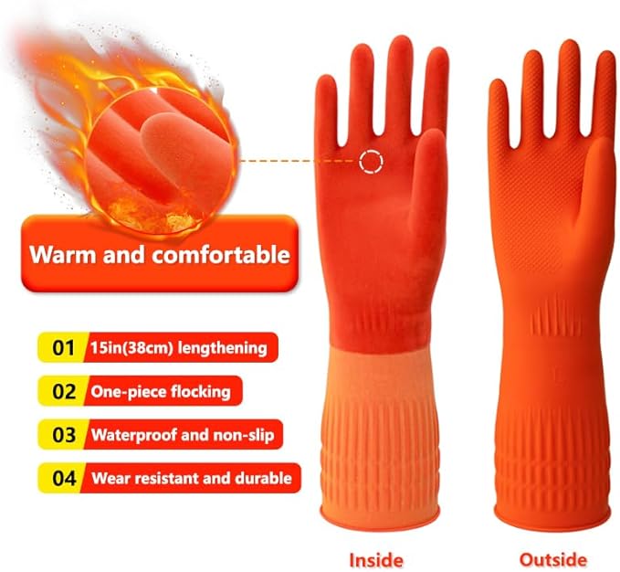 North Tower Kitchen Washing Room Gloves Fleece Lined, Reusable, Waterproof with Extra-Long Cuff & Anti-Slip Design for Household & Kitchen Use,15",2 Pairs Small