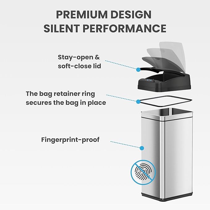 iTouchless 50 Liter / 13 Gallon Kitchen Trash Can with Lid & Odor Filter – Motion Sensor Stainless Steel Garbage Bin for Home, Office, or Garage – Slim, Large Capacity Design