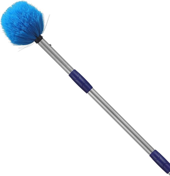 Cobweb Duster with Pole, 8ft Stainless Steel Pole Cobweb Brush with Medium-Stiff Bristles for Walls Beams Shelves Iight Fixtures and Window Screens