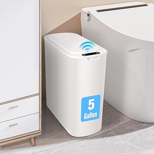Cesun Motion Sensor Trash Can, 5 Gallon Automatic Bathroom Garbage Can with Lid, Touchless Smart Plastic Slim Wastebasket for Bathroom, Office, rv, Bedroom, Living Room, White
