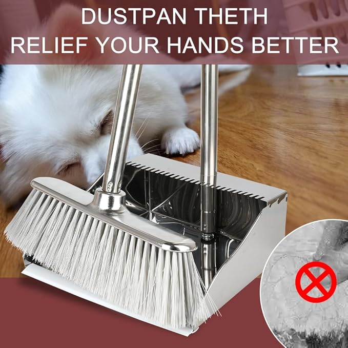 Metal Dustpan with Broom Set, Long Handle Stainless Steel Dustpan,Heavy Duty Standing Dust Pan with Teeth, Indoor Outdoor Up for Home Kitchen Lobby Room Office
