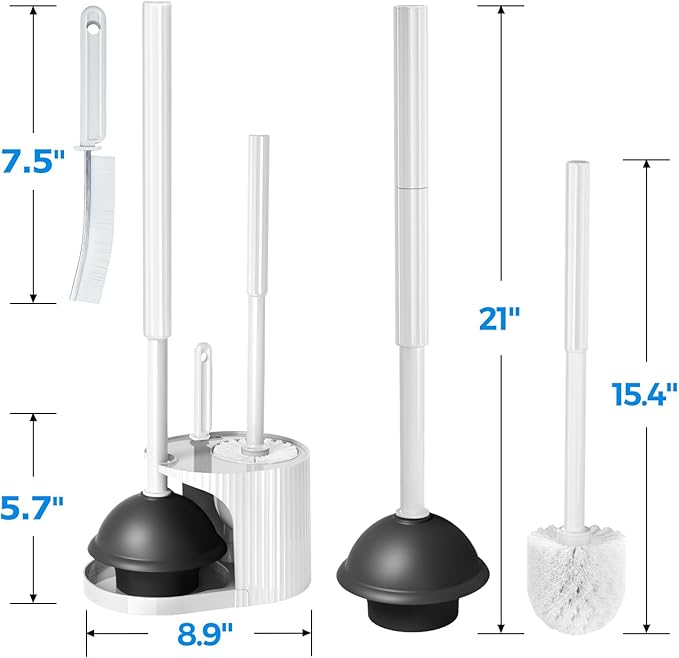2Pack 3 in 1 Toilet Brush and Plunger Set,Toilet Bowl Brush Plunger Set, Cleaning Supplies, Crevice Cleaning Brush, Bathroom Cleaning Tools, White