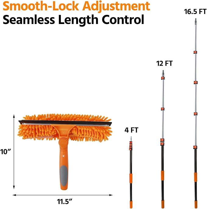 23 ft High Reach Window Squeegee with Extension Pole, 2 in 1 Squeegee for Window Cleaning, Window Cleaner Tool with 5-Stage 4-16.5 ft Telescoping Pole, Squeegee for Shower Glass Home Car