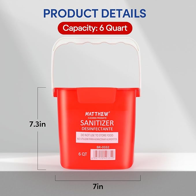 Matthew Detergent&Sanitizing Cleaning Bucket 6 Quart Plastic Pail,Set of 12 Square Containers,Built-in Spout w/Handle,Wash Rinse Sanitize Handwash Bucket for Home Office Commercial Restaurant (Red)