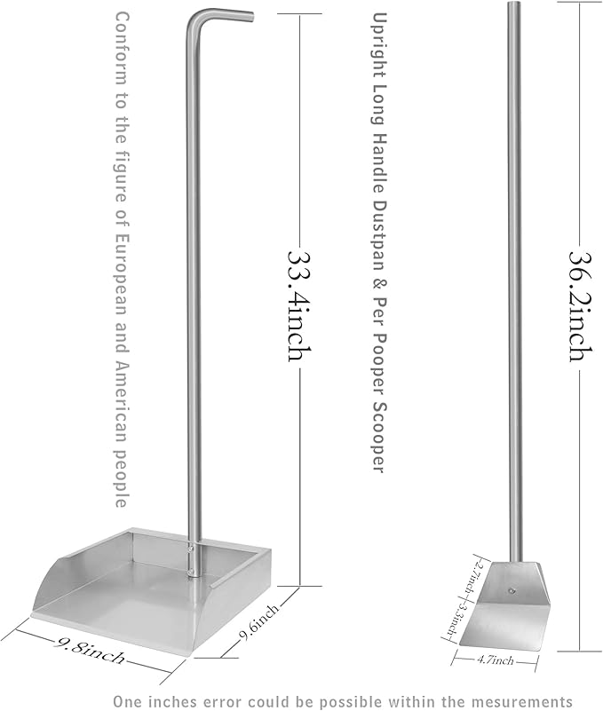 Stainless Steel Dustpan and Spade Poop Scoop Set,Extremely Durable Upright Standing Garbage Shovel for Pet Waste Cleanup,33.4 ‘’ Dust pan for Indoor Outdoor Cleaning Easy Wash