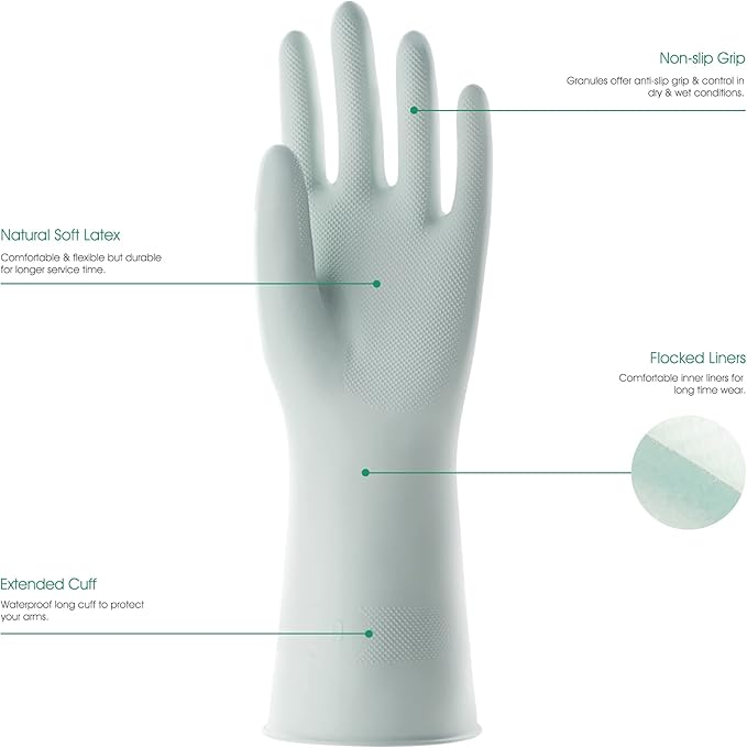 COOLJOB Small Reusable Rubber Dishwashing Cleaning Gloves for Kitchen Bathroom, Non-Slip Grippy Long Dish Washing Gloves with Flocked Cotton Liner, Flexible Durable & Waterproof, Mint Green, 1 Pair