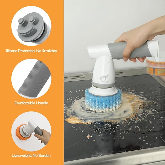 LANMU Electric Spin Scrubber Wand Compatible with Scrub Daddy/Mommy with Soft Silicone Sponge Hub, Power Cleaning Brush,5 Replaceable Heads, Ergonomic Handle for Oven, Stove, Sink, Shower, Tub, Tile