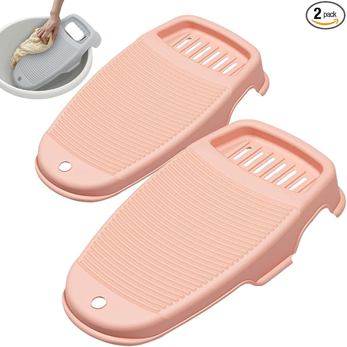 2 Pack Washboard for Hand Washing Clothes, New Updated Wash Boards Set with Soap Holder and Non-slip Base, 2 Sizes Lightweight Washboard for Kitchen Sink, Countertop, Bathtubs (Pink)
